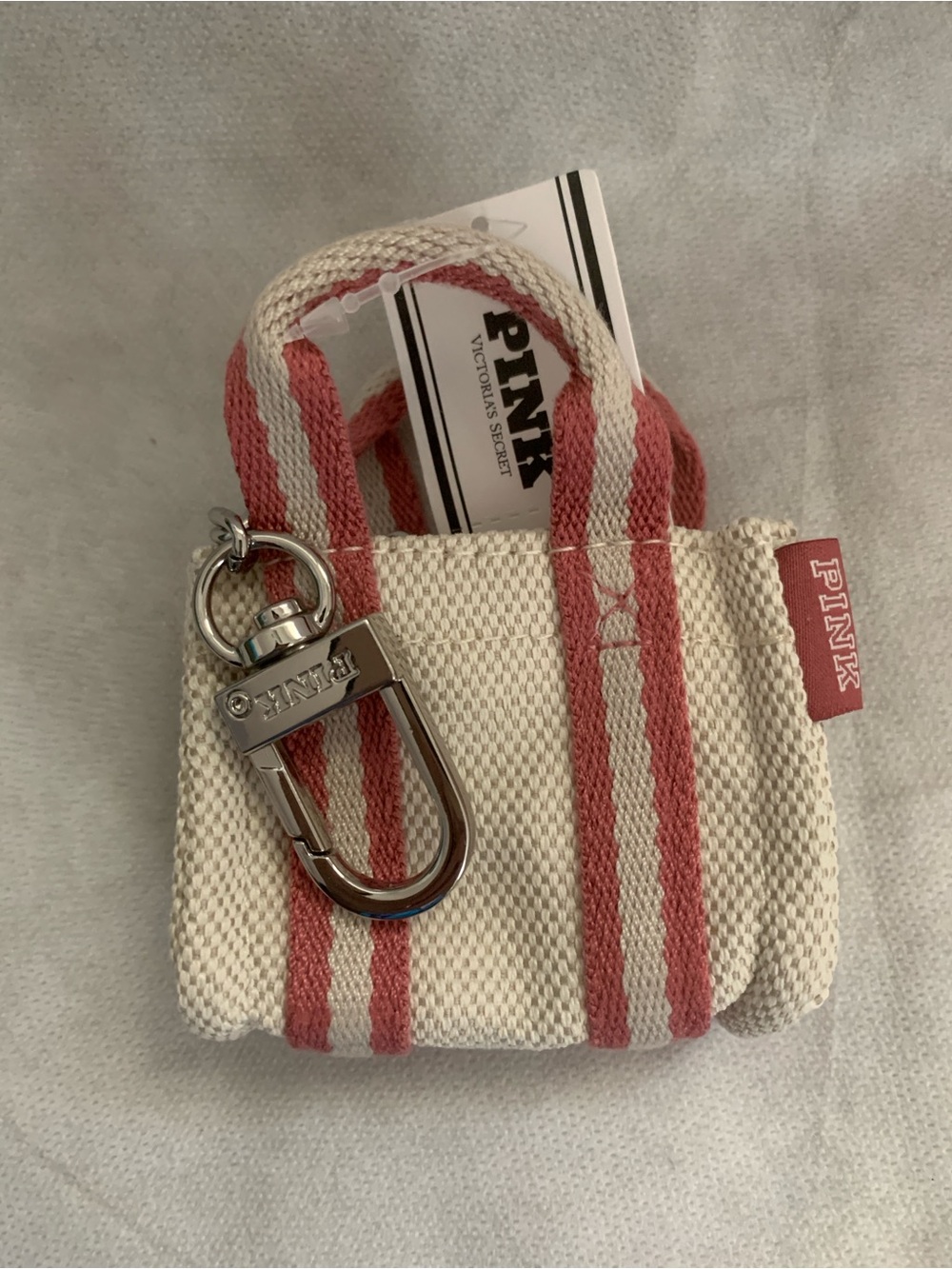 NWT Victoria’s Secret PINK Mini Tote Keychain Charm – Natural Canvas (7DP5)